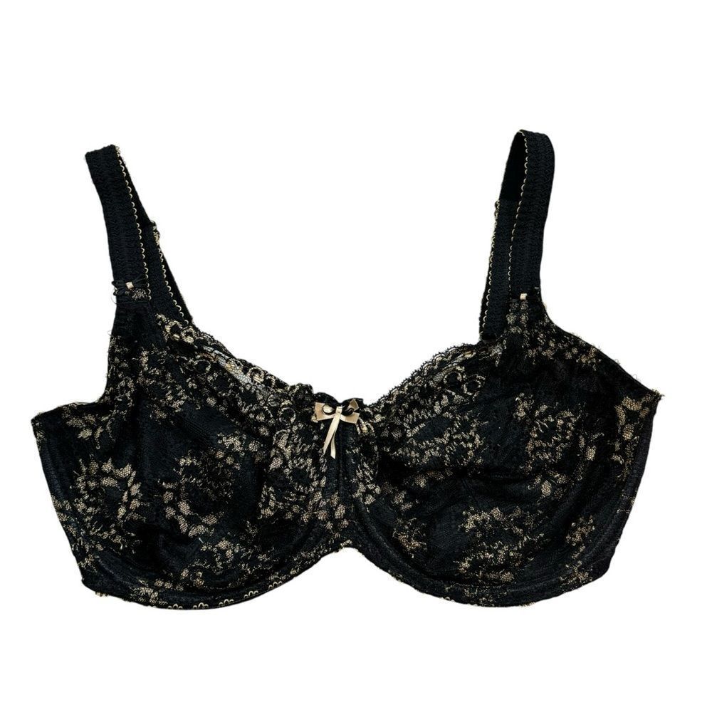 Ladies Fantasie Brand black and Gold Floral Lace Lined Bra Size 34G